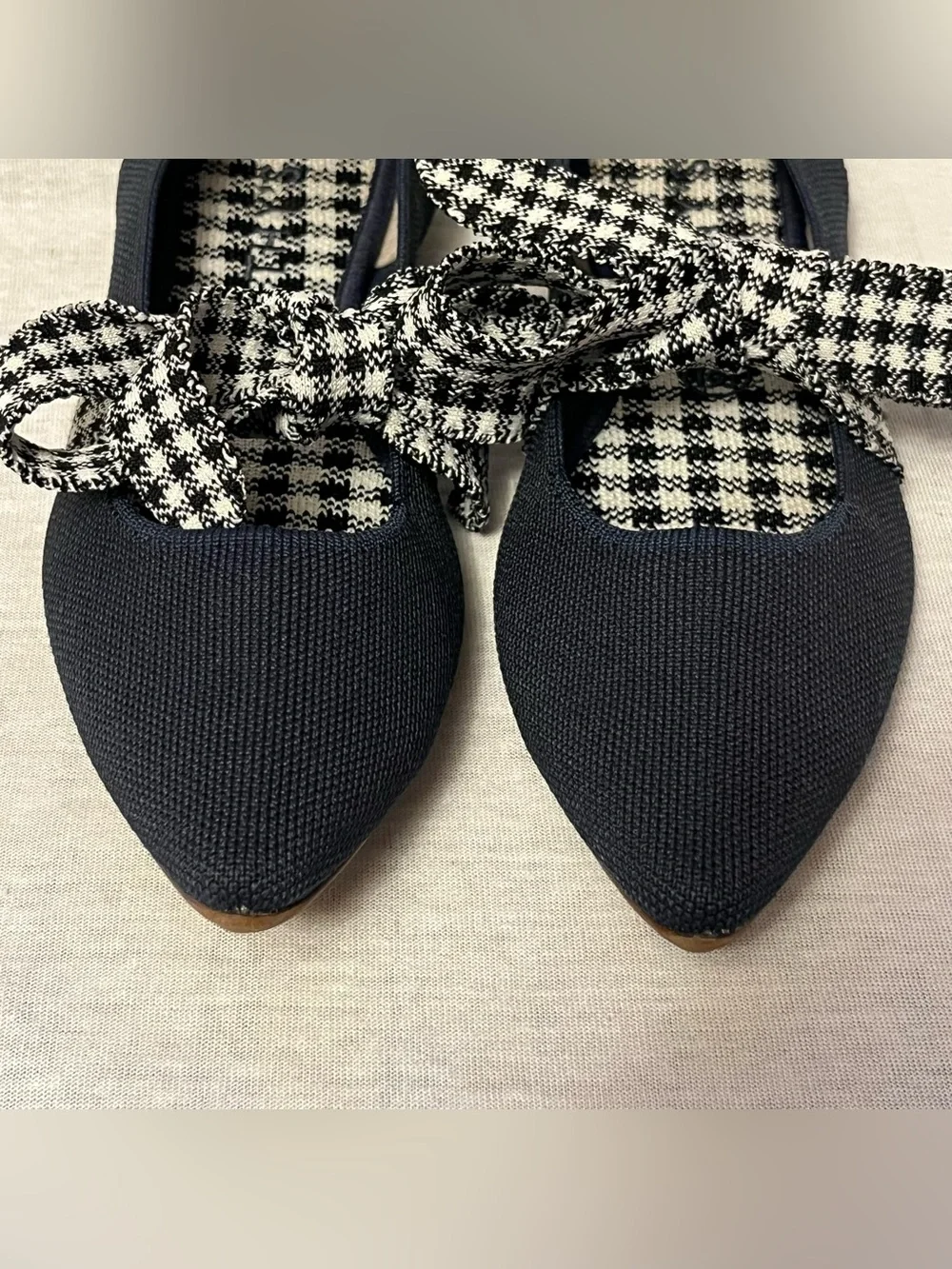 Rothy's The Point Mary Jane Bow Navy Flat with Houndstooth Bow